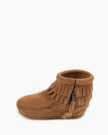 Double Fringe Side Zip Bootie Taupe